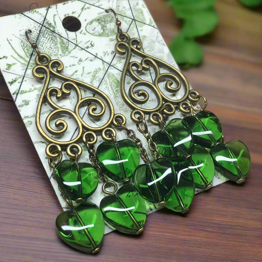Glasgow - Green glass heart chandelier earrings