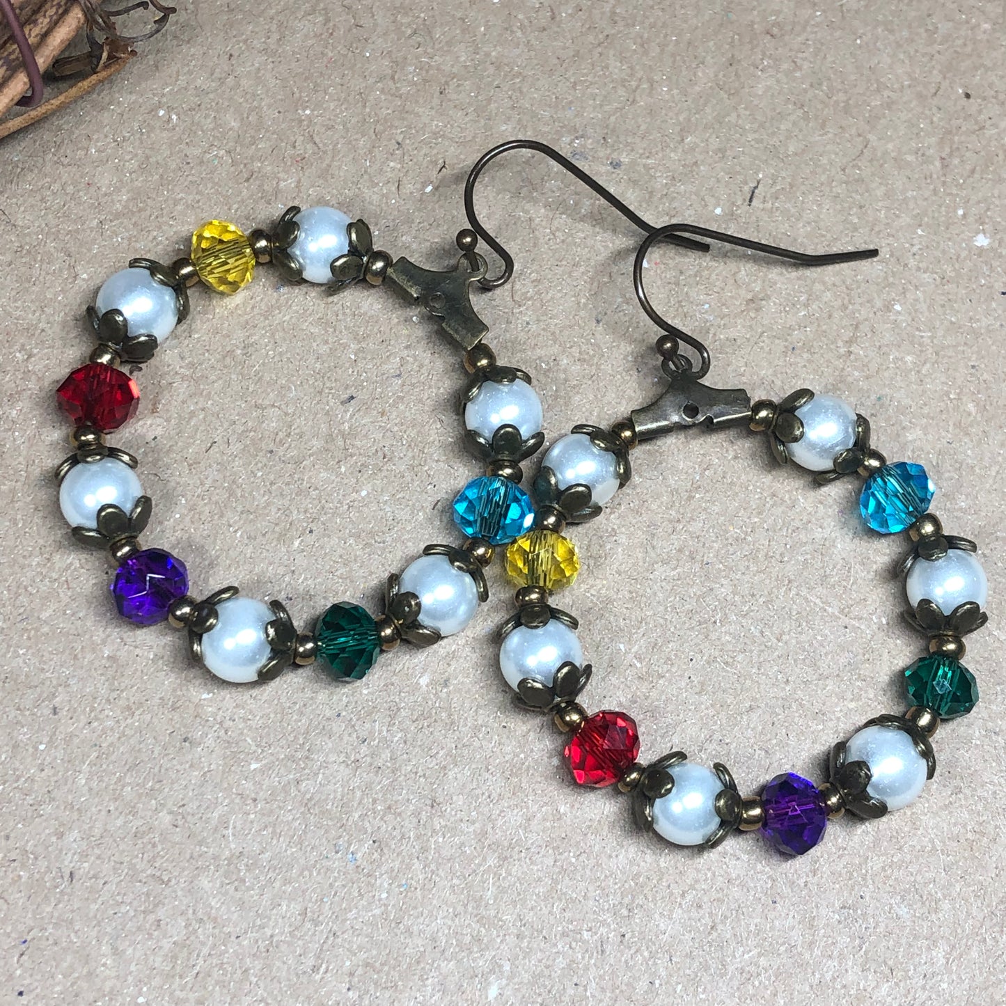 Pearl and rainbow crystal hoop earrings