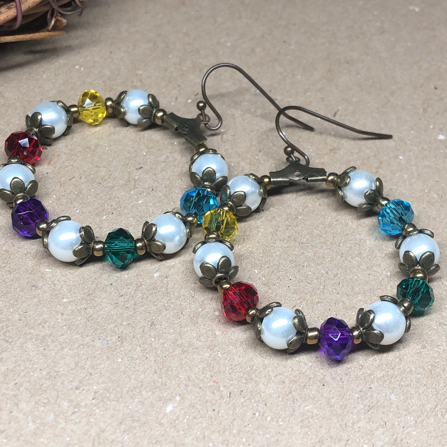 Pearl and rainbow crystal hoop earrings