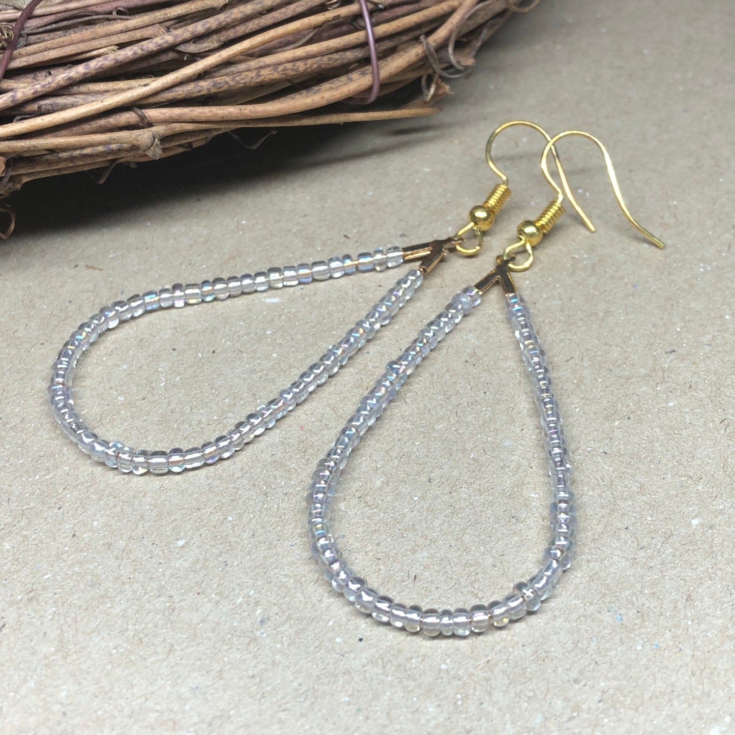 Iridescent glass peardrop hoop earrings