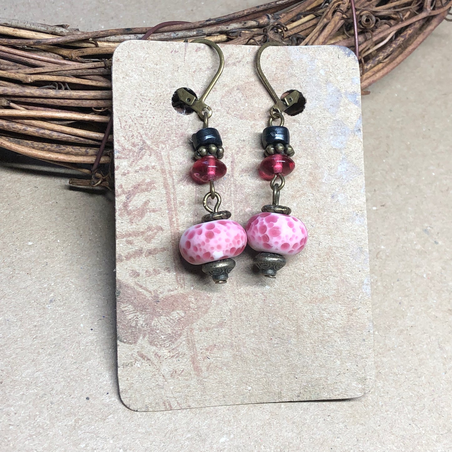 Speckled strawberry pink lampwork bead earrings