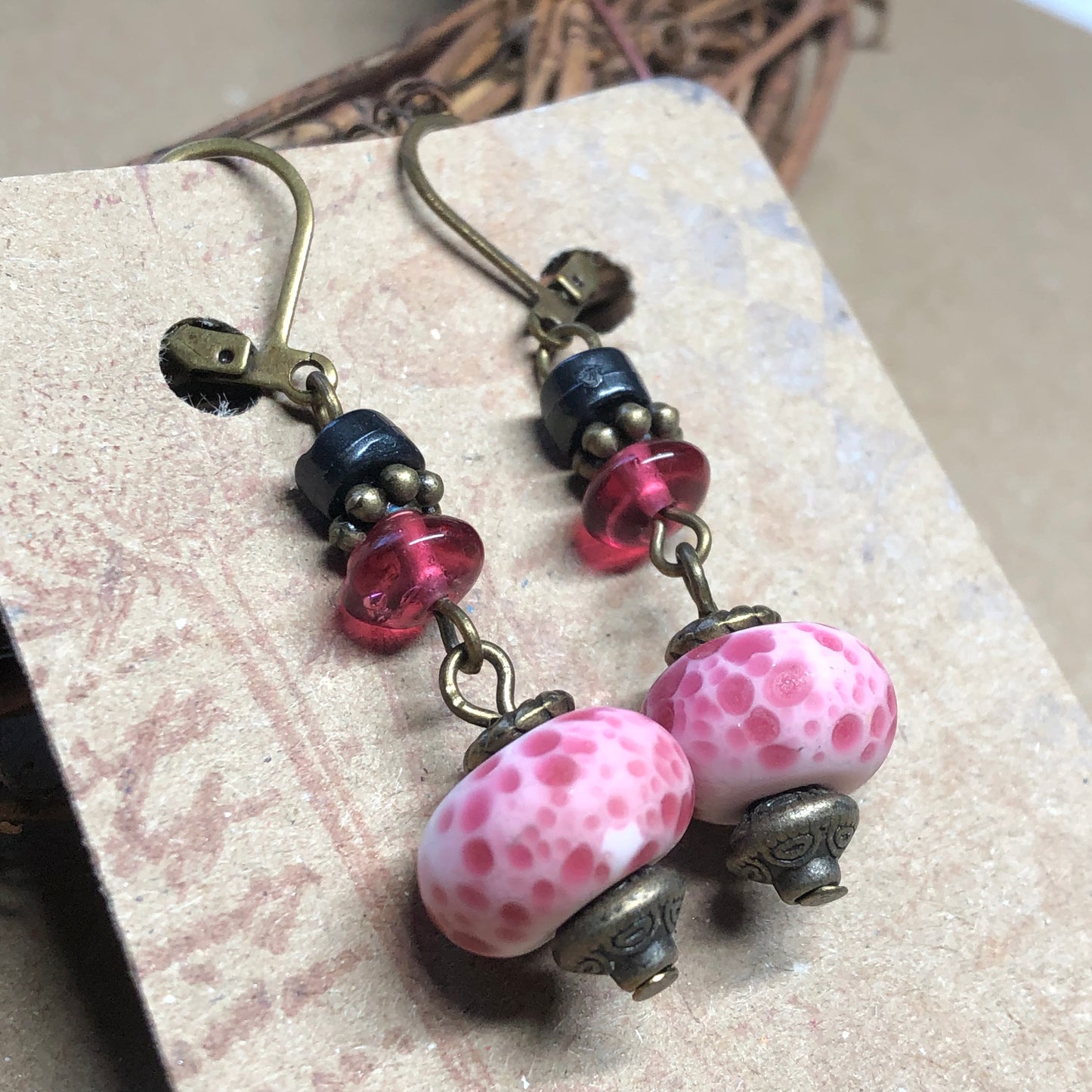 Speckled strawberry pink lampwork bead earrings