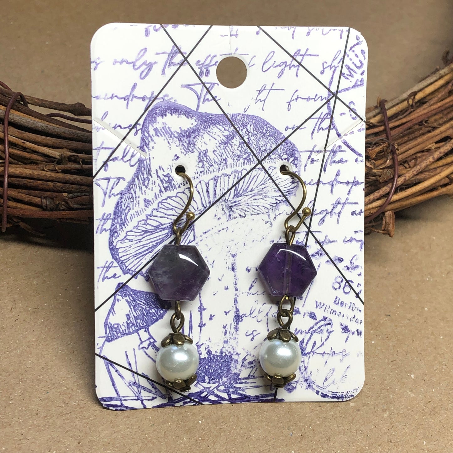 Amethyst hexagon and white glass pearl earrings