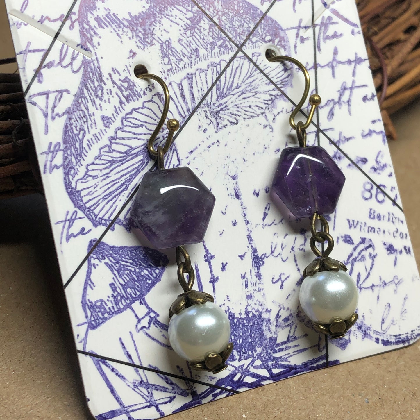 Amethyst hexagon and white glass pearl earrings