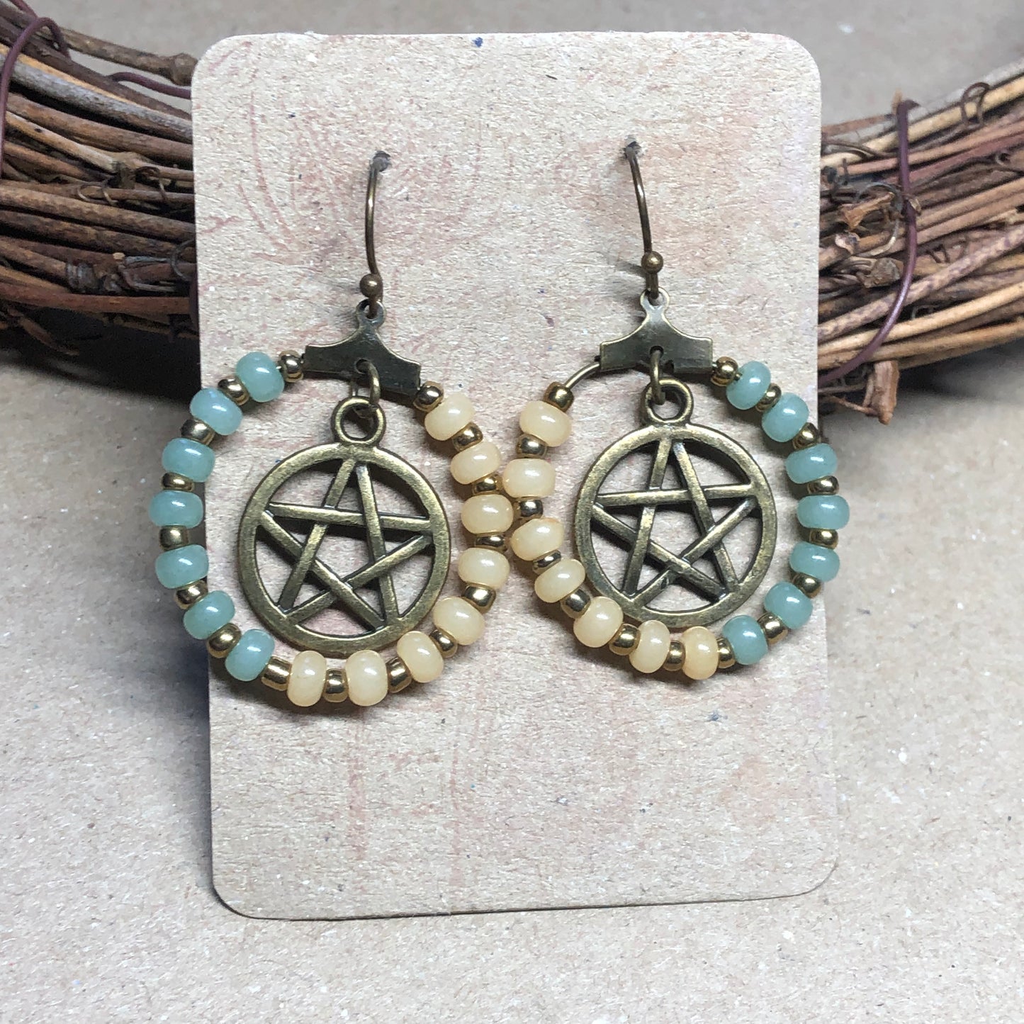 Pastel bead pentagram hoop earrings