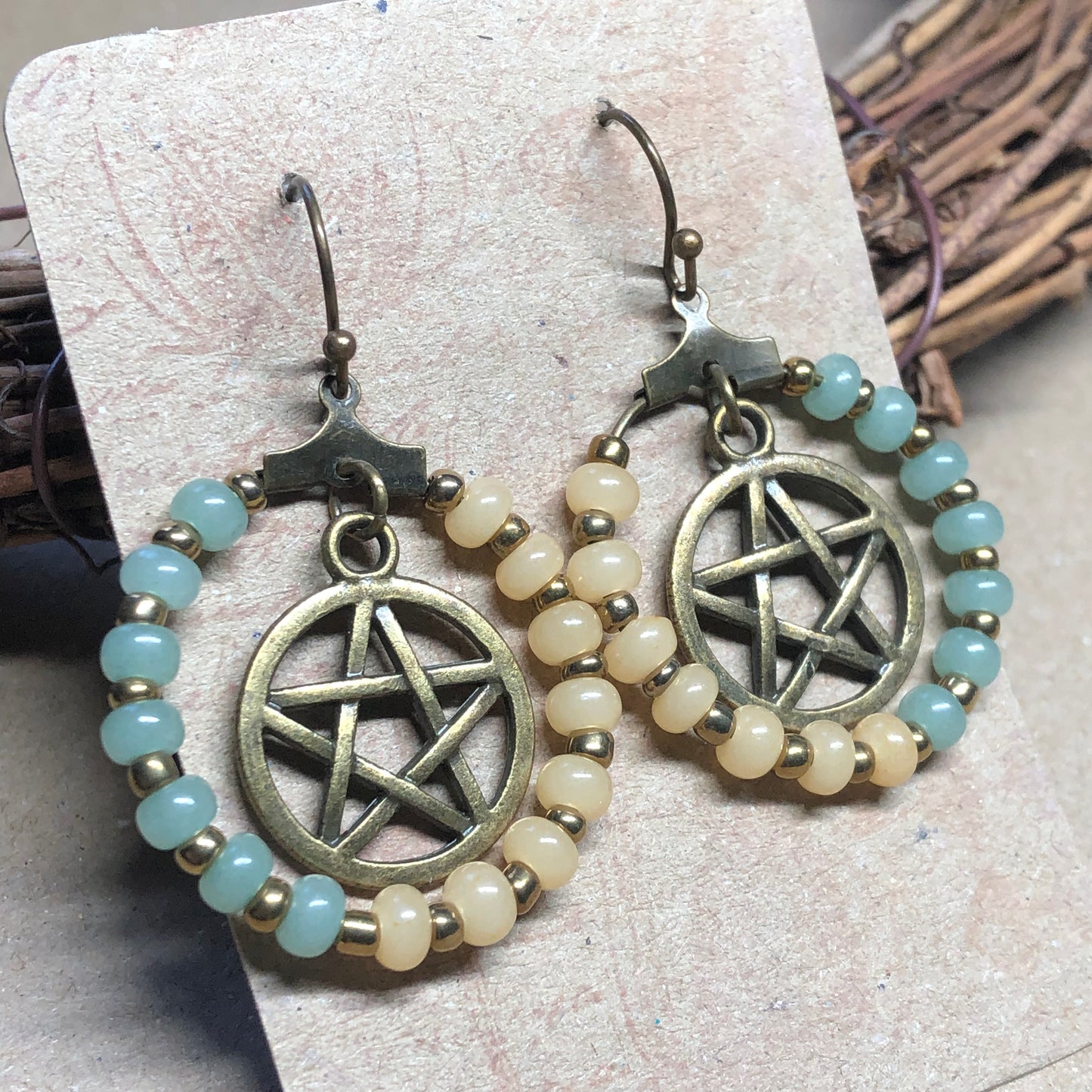 Pastel bead pentagram hoop earrings