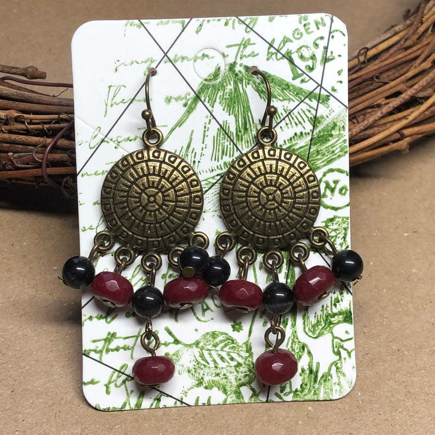 Ruby and black glass chandelier earrings