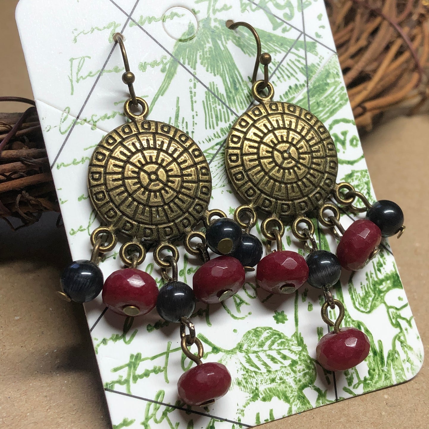 Ruby and black glass chandelier earrings