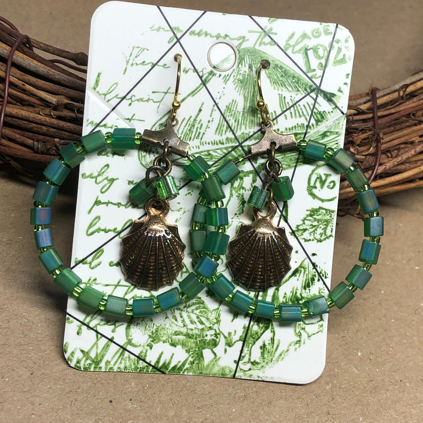 Green glass seashell charm bronze hoop earrings