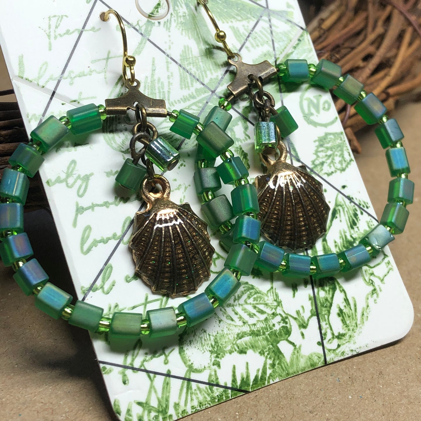 Green glass seashell charm bronze hoop earrings