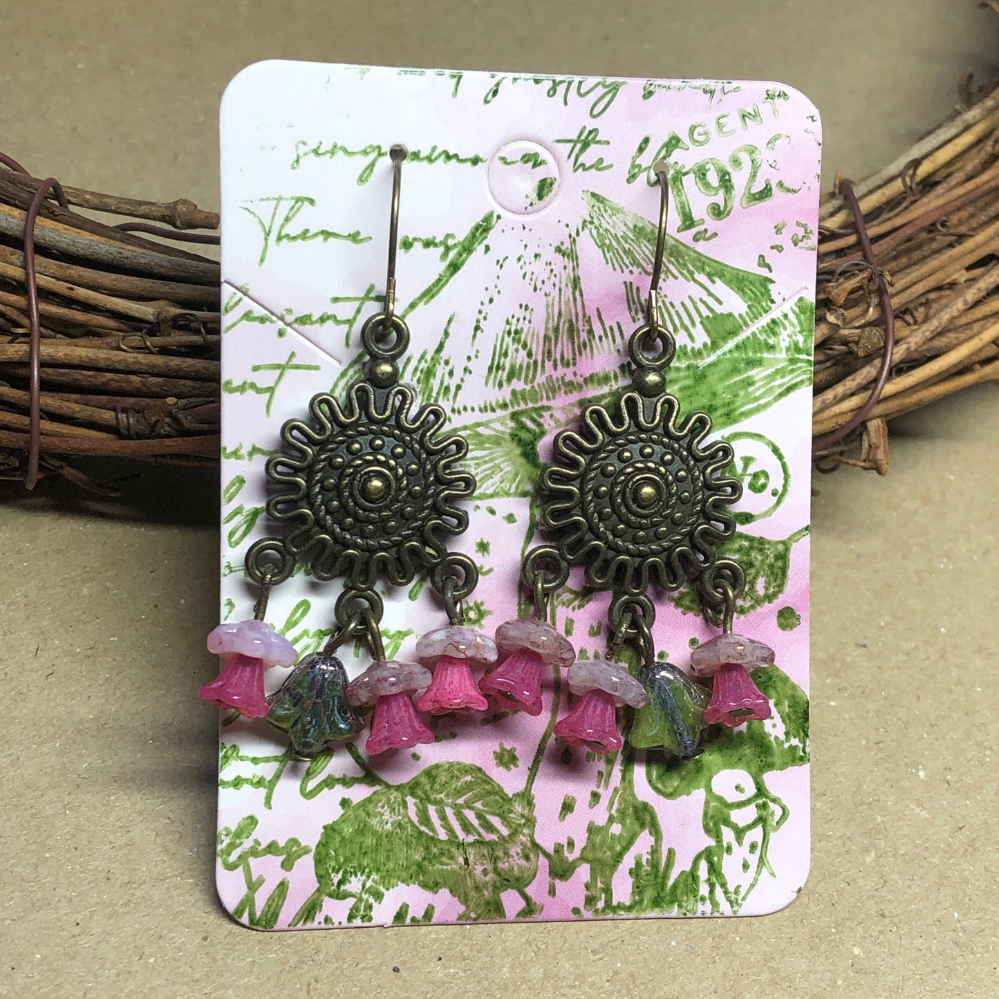 Pink flower chandelier earrings