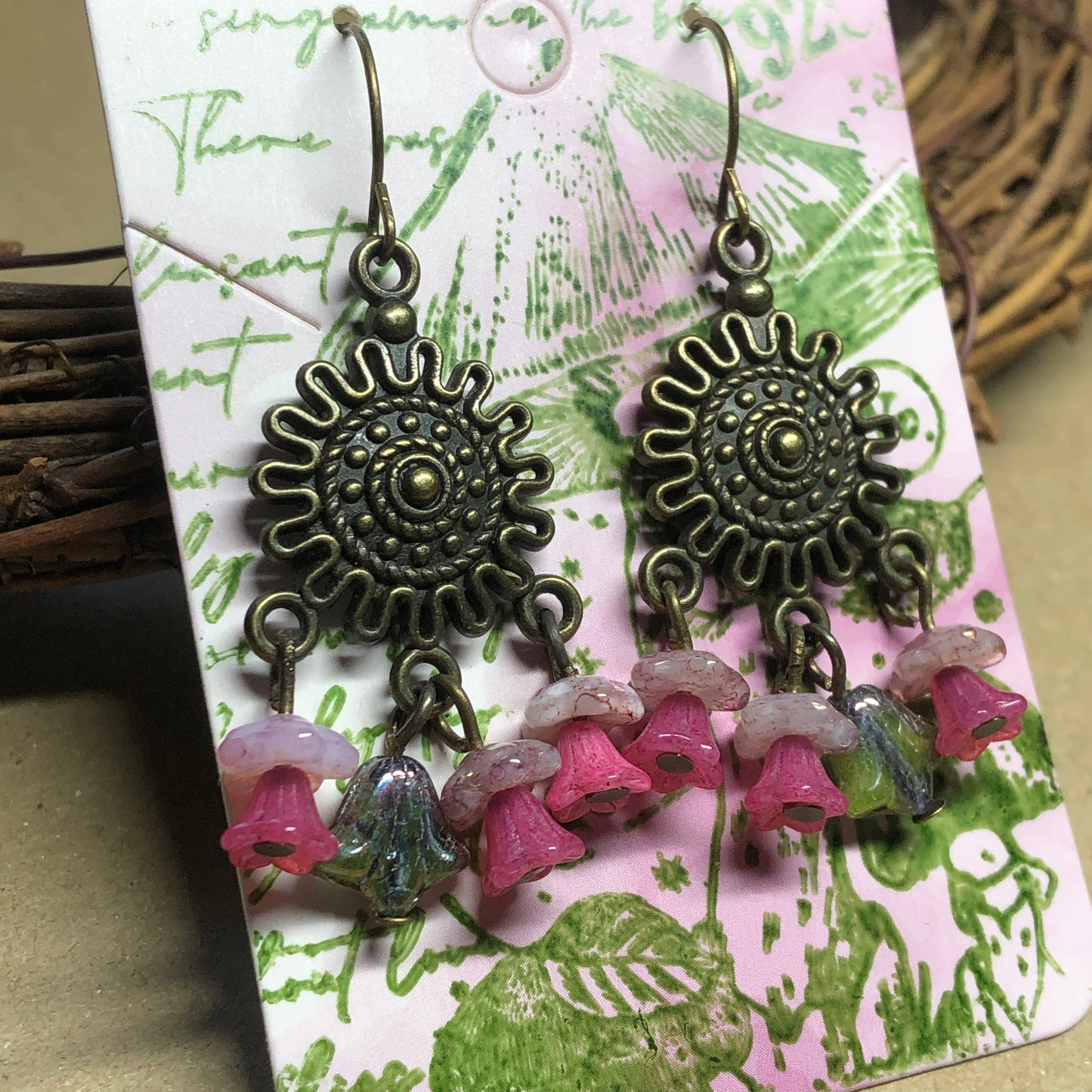 Pink flower chandelier earrings