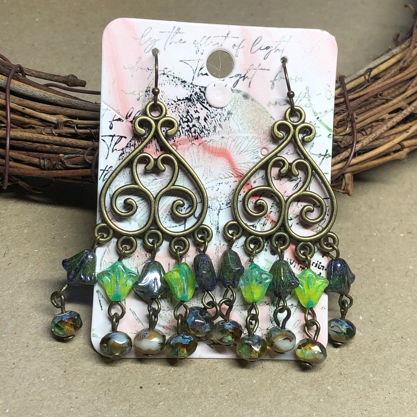 Green glass tulip chandelier earrings