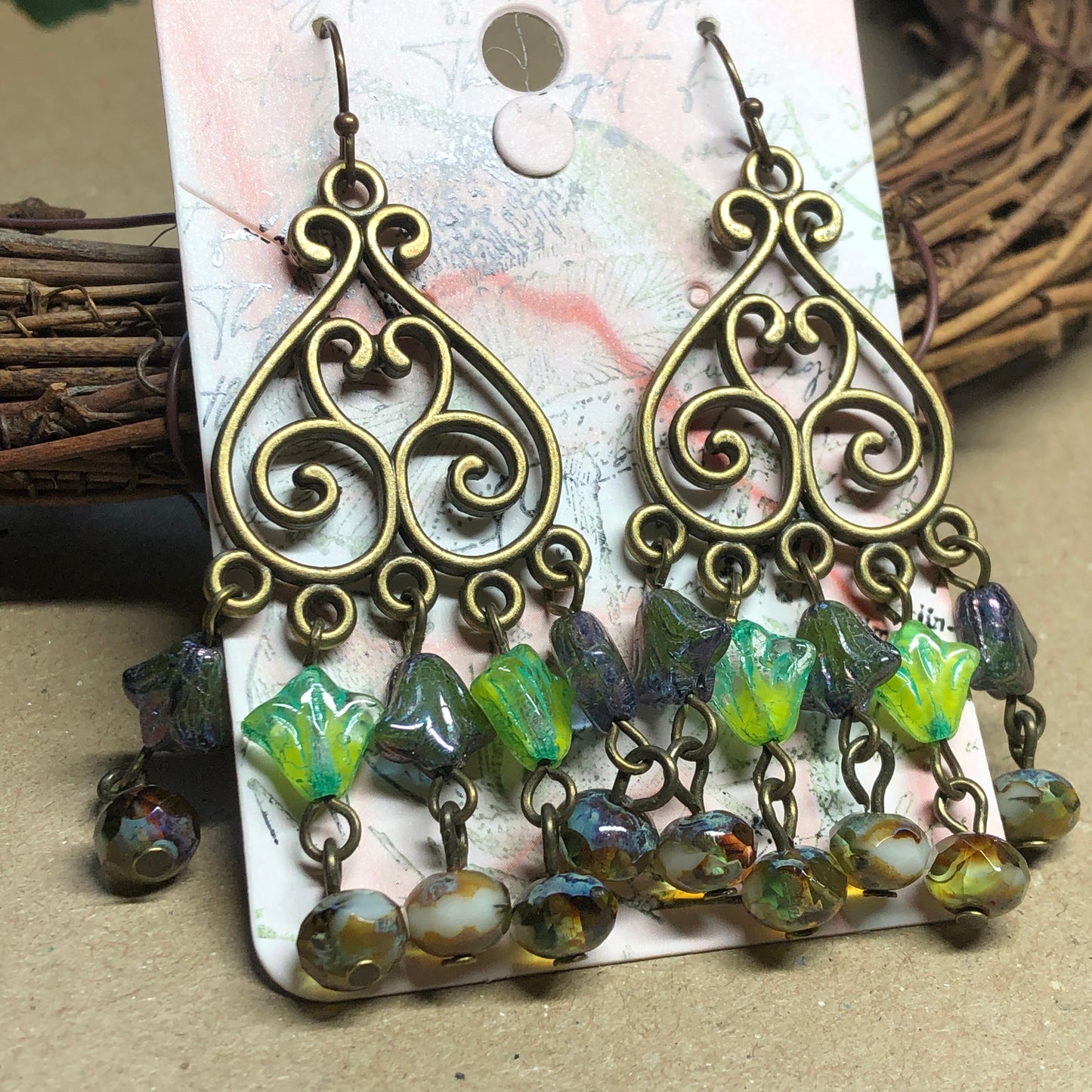 Green glass tulip chandelier earrings