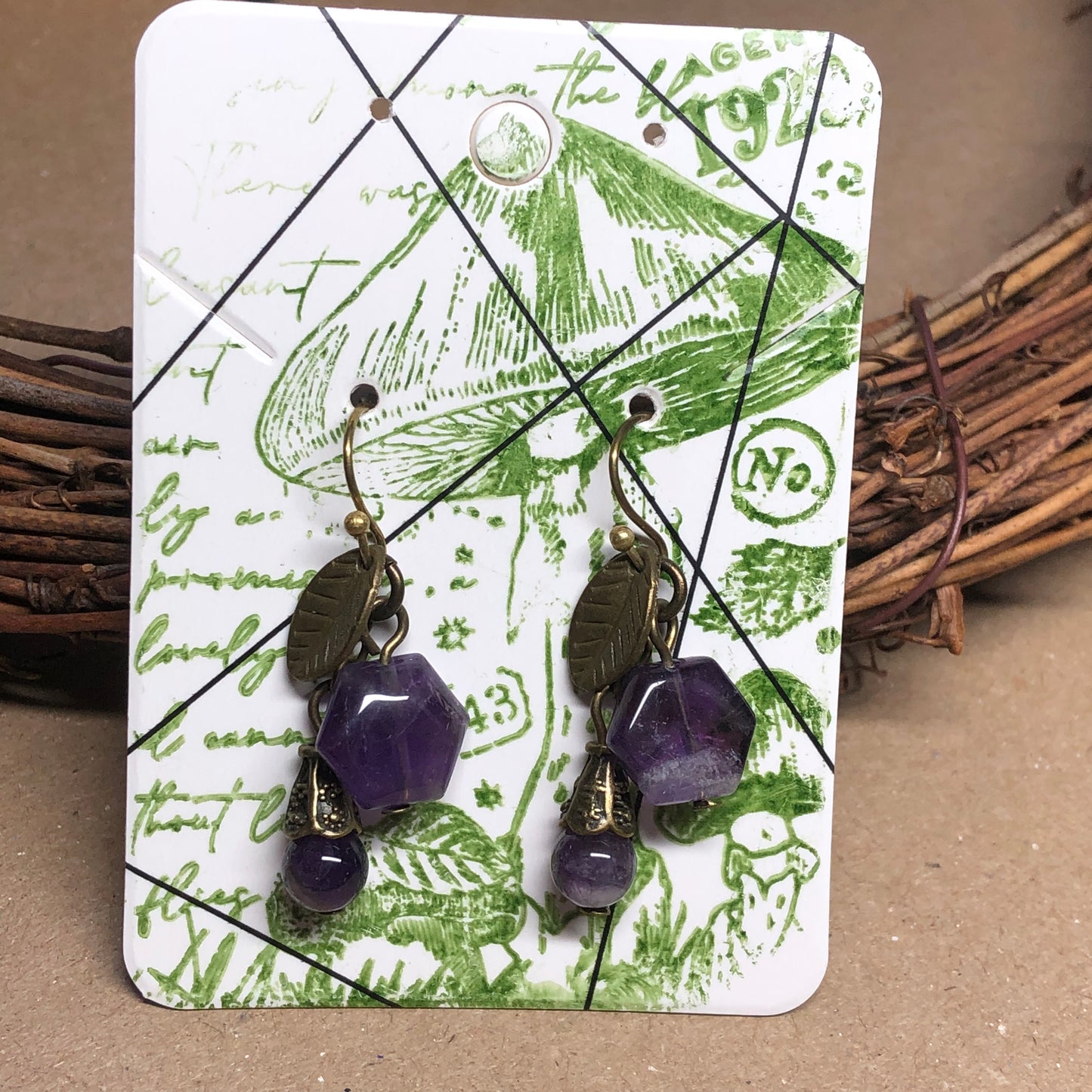 Amethyst hexagon bronze leaf earrings