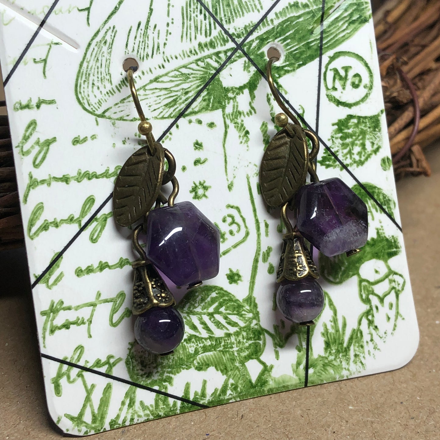 Amethyst hexagon bronze leaf earrings