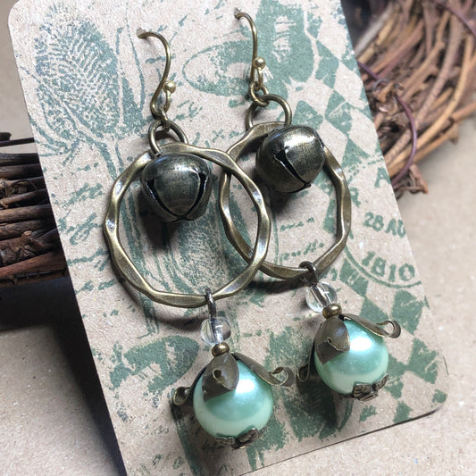 Green glass pearl bell hoop earrings