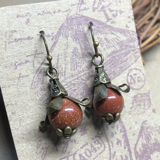 Goldstone bronze flower earrings