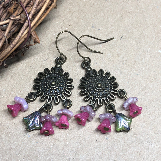 Pink flower chandelier earrings