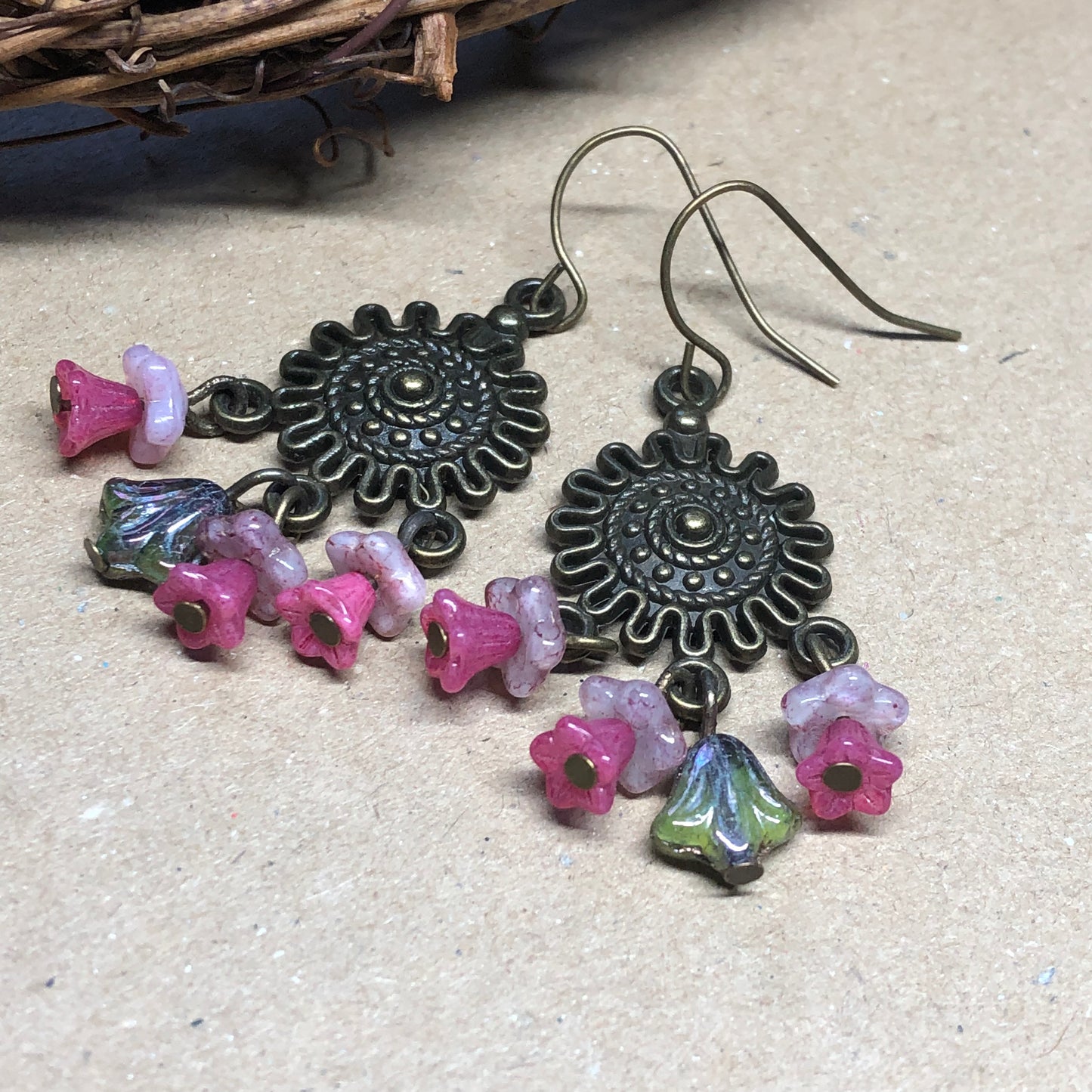 Pink flower chandelier earrings