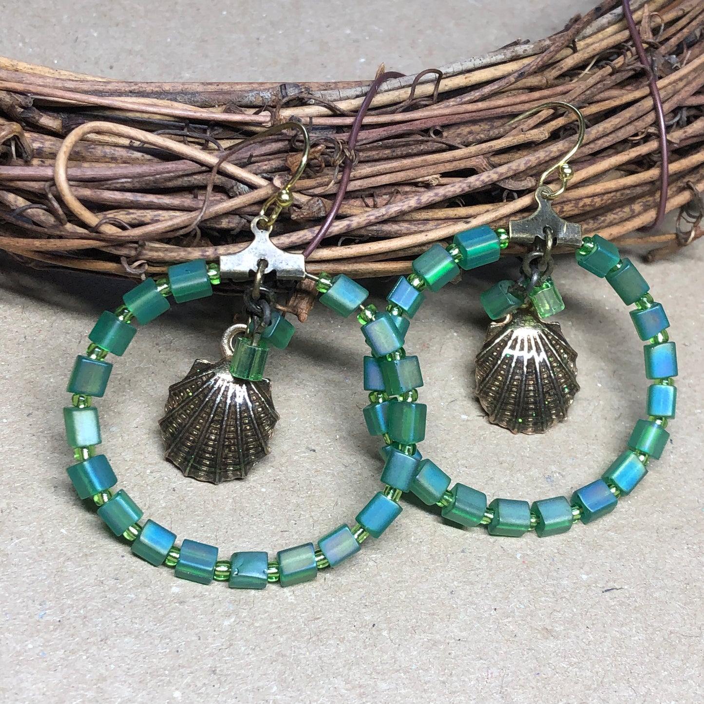 Green glass seashell charm bronze hoop earrings