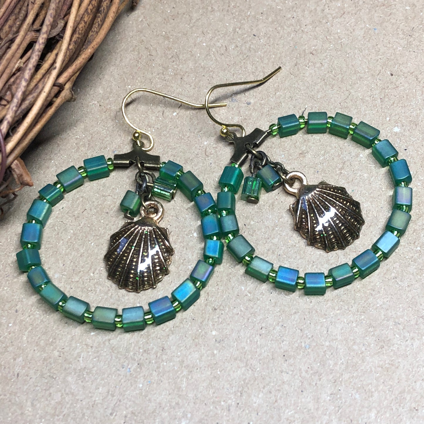 Green glass seashell charm bronze hoop earrings