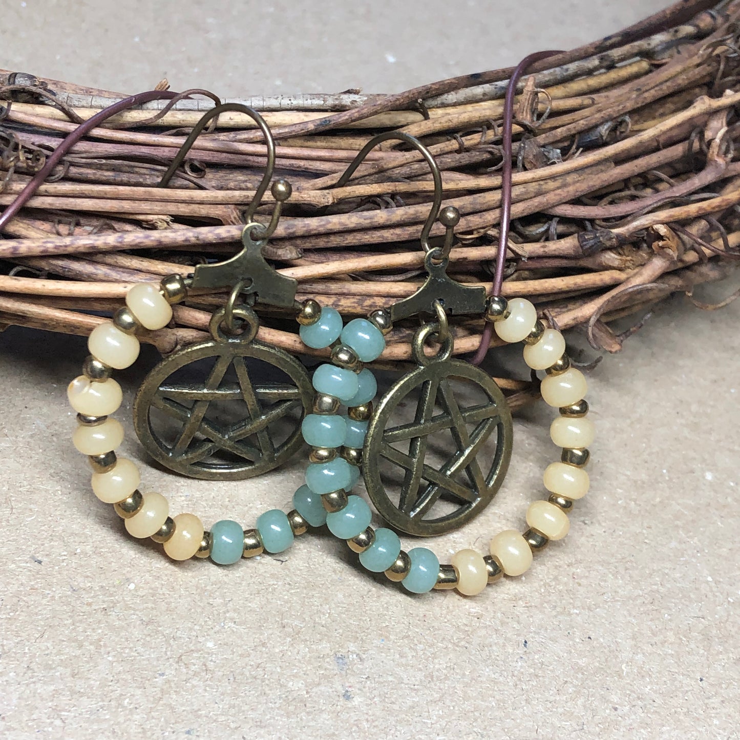 Pastel bead pentagram hoop earrings