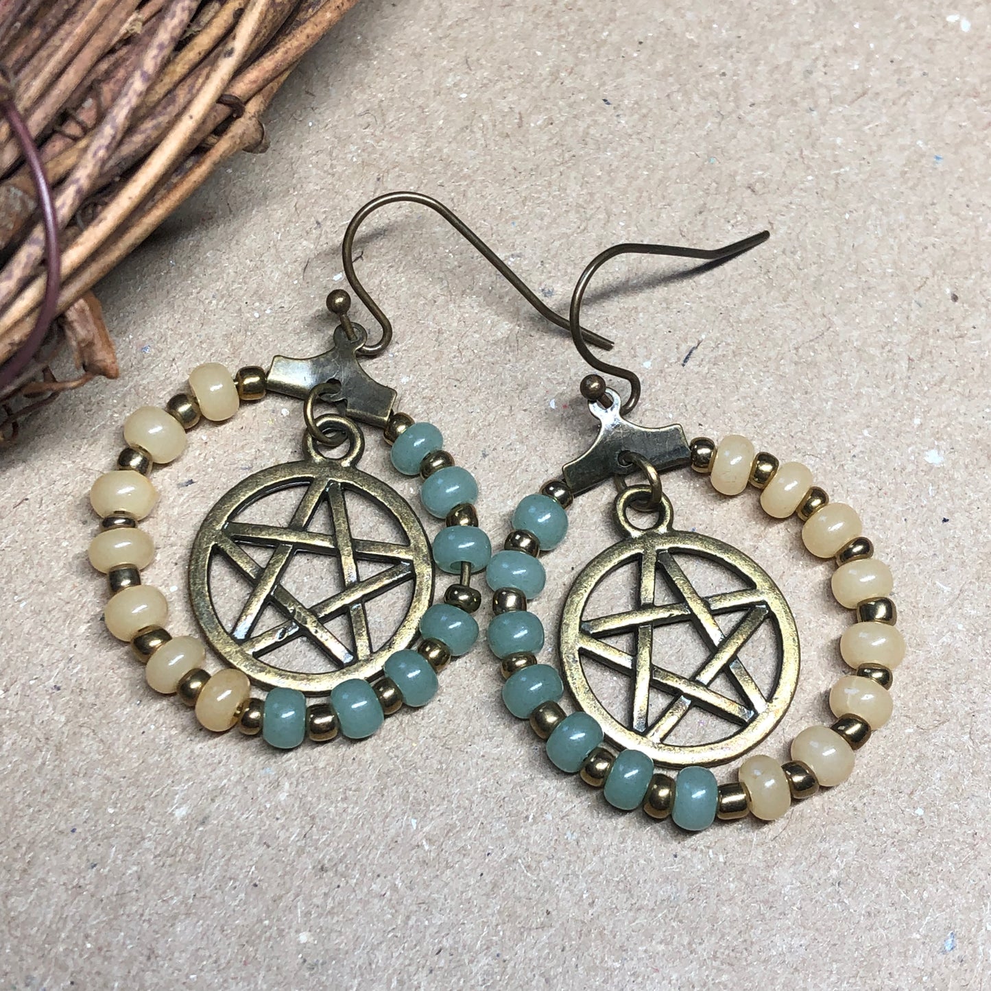 Pastel bead pentagram hoop earrings