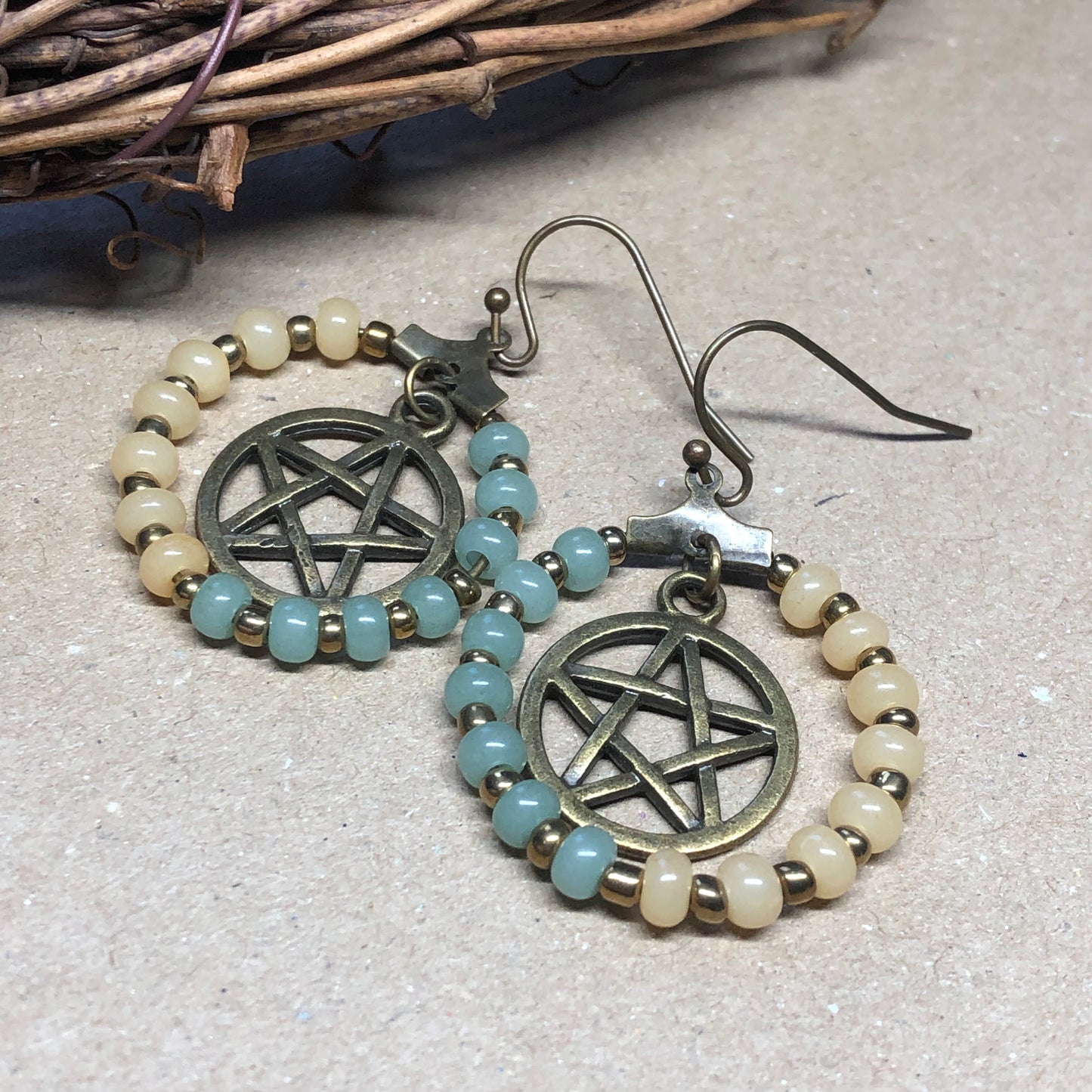 Pastel bead pentagram hoop earrings