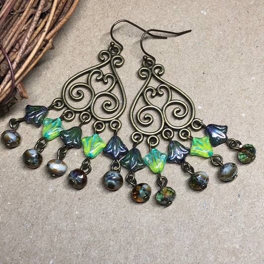 Green glass tulip chandelier earrings