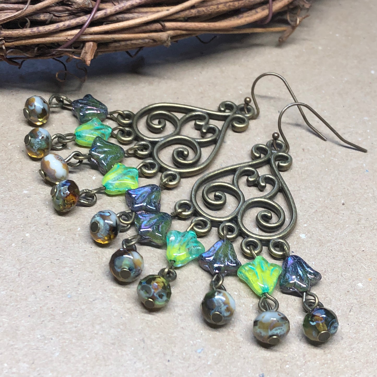 Green glass tulip chandelier earrings