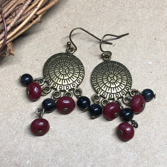 Ruby and black glass chandelier earrings