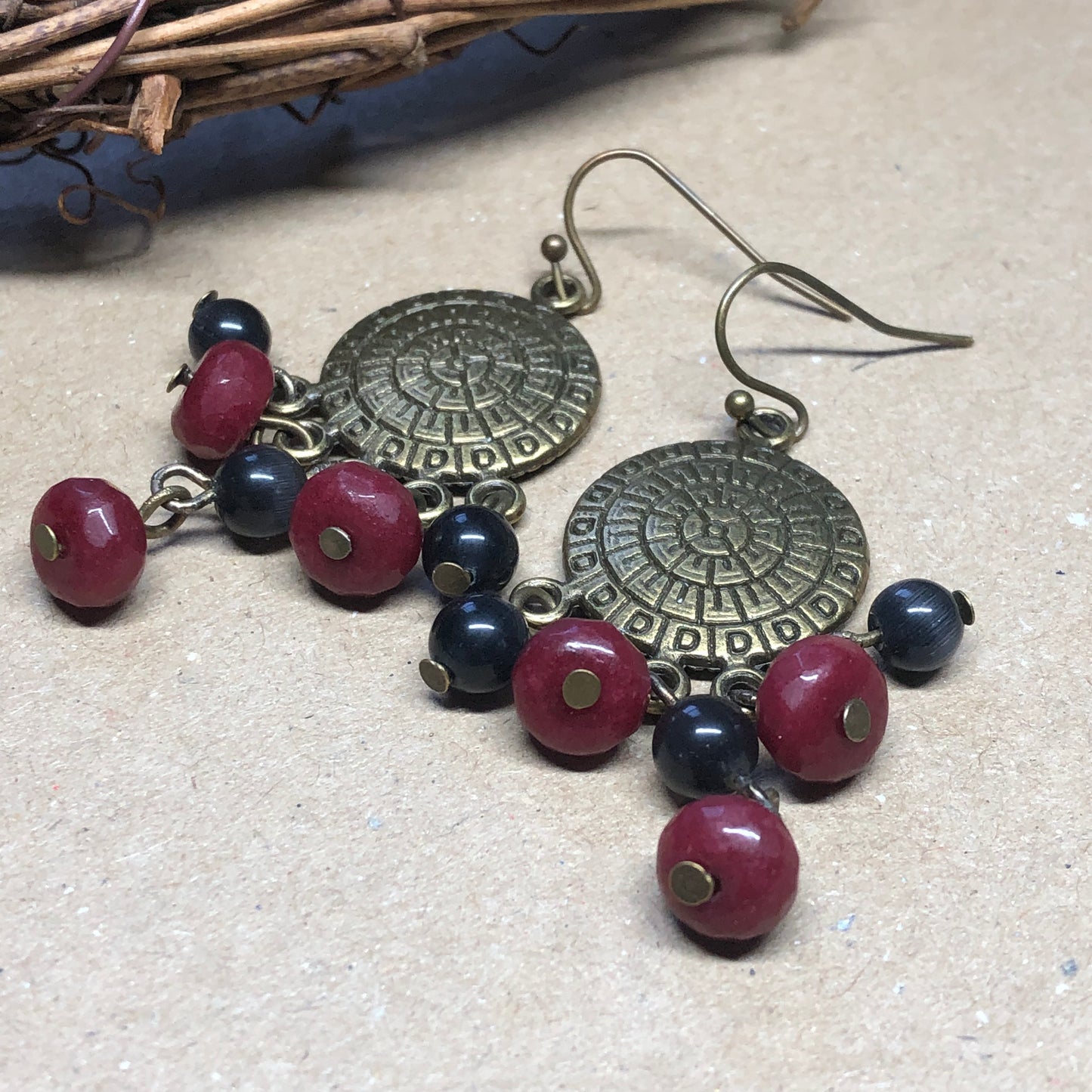 Ruby and black glass chandelier earrings