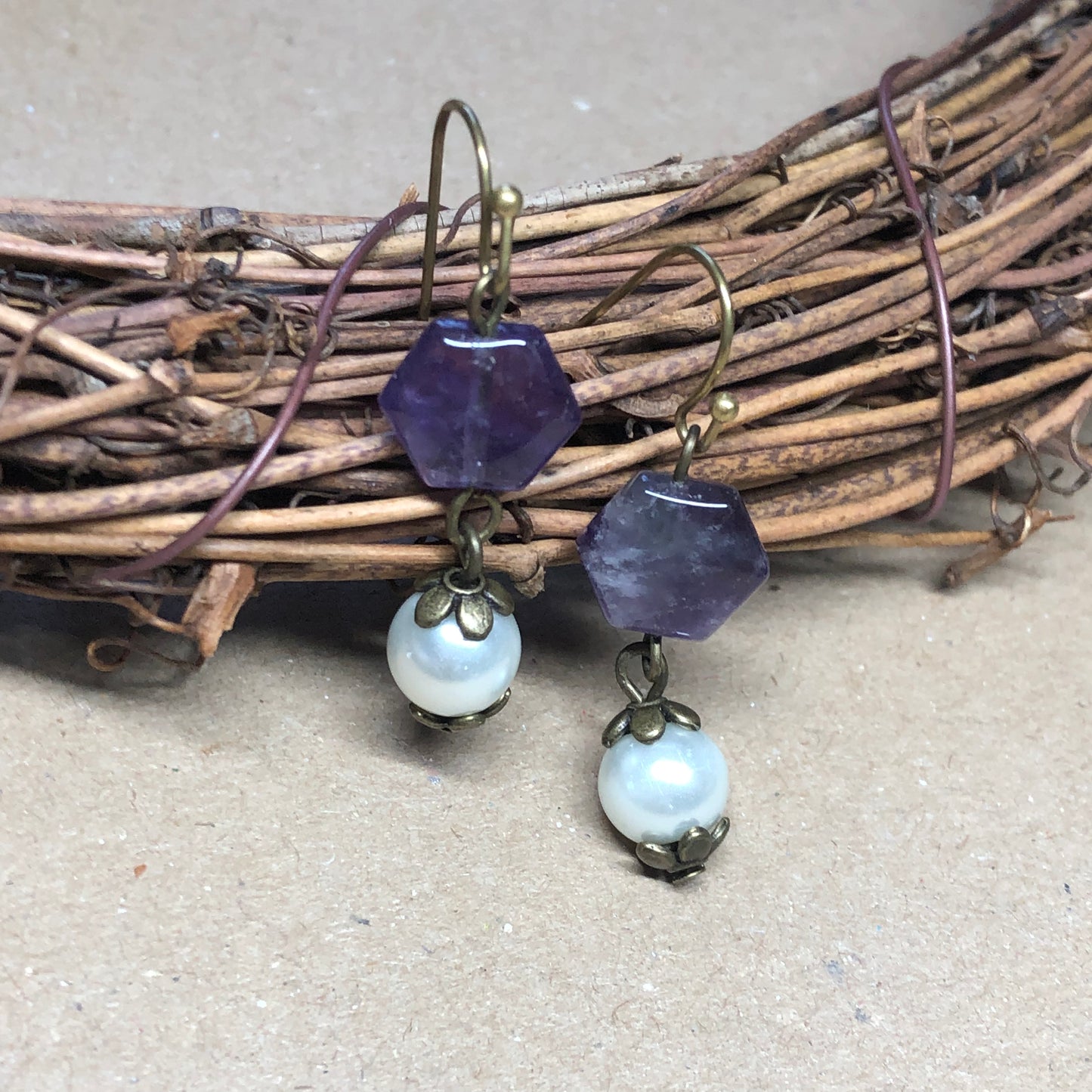 Amethyst hexagon and white glass pearl earrings