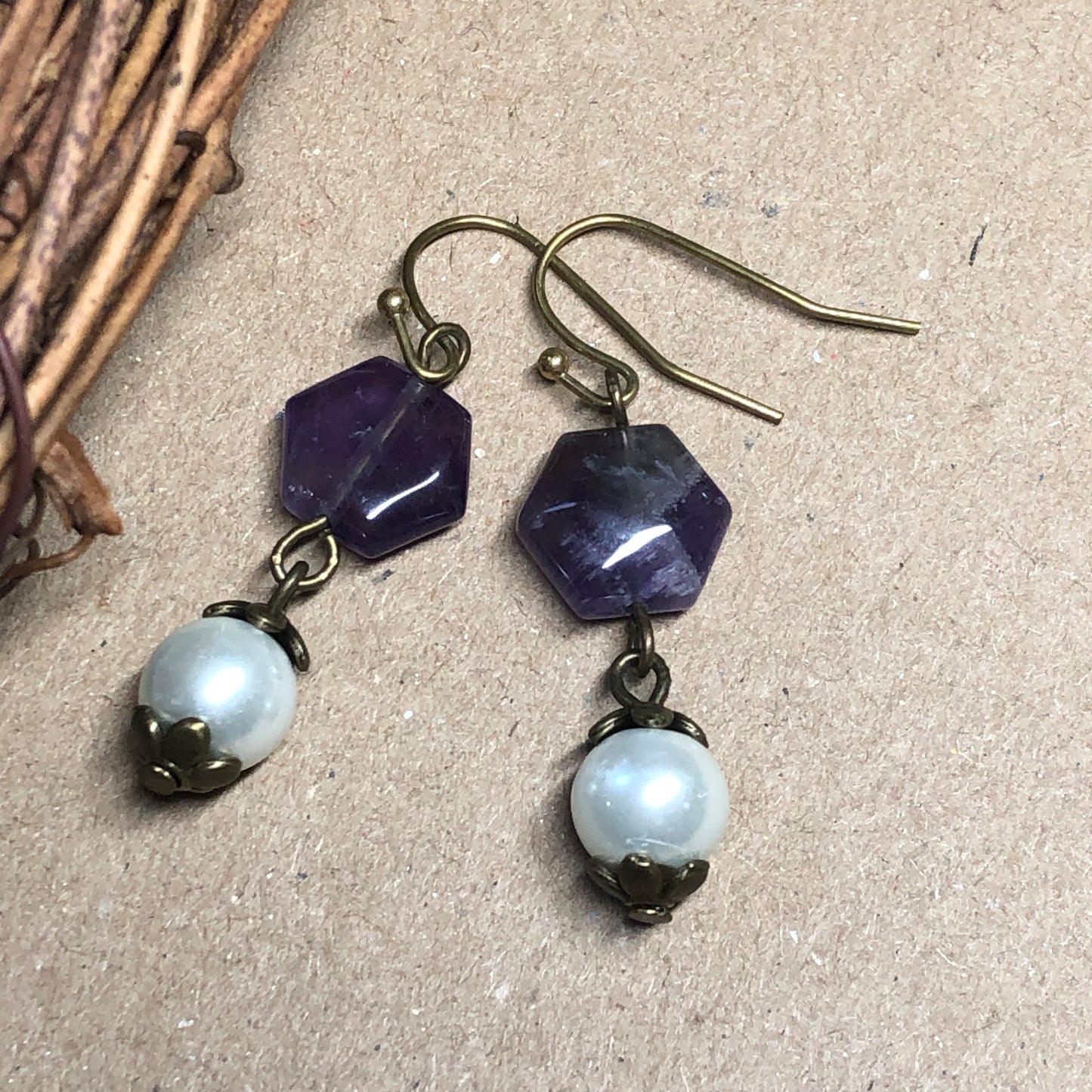 Amethyst hexagon and white glass pearl earrings