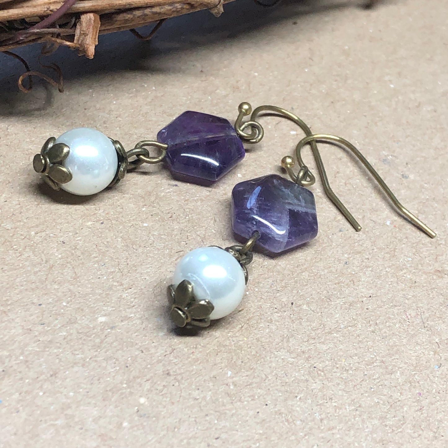 Amethyst hexagon and white glass pearl earrings