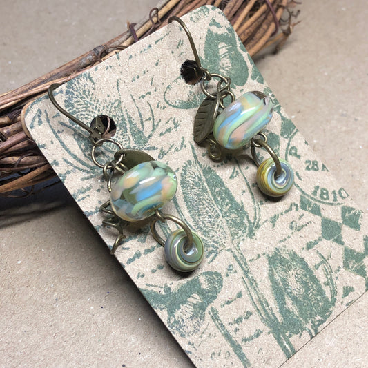 Green stripe lampwork bead earrings