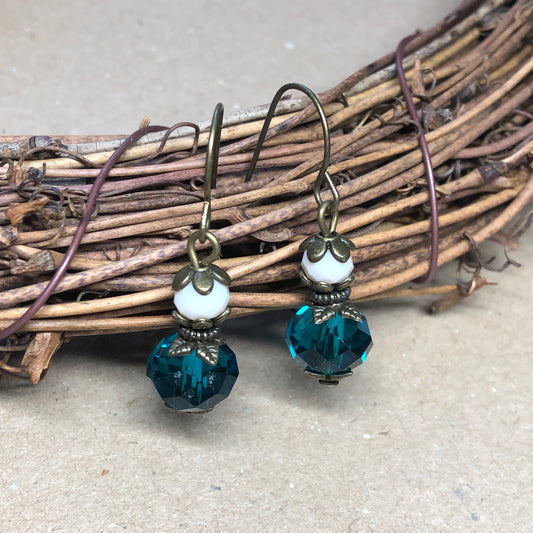 Cream and teal faceted crystal earrings