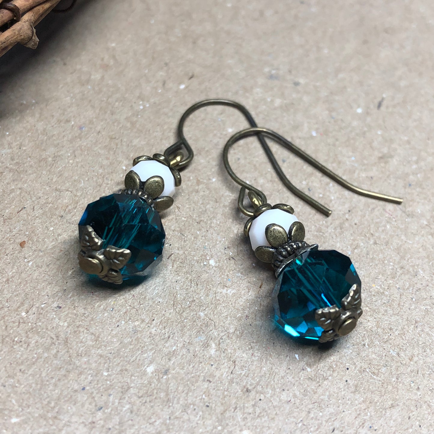 Cream and teal faceted crystal earrings