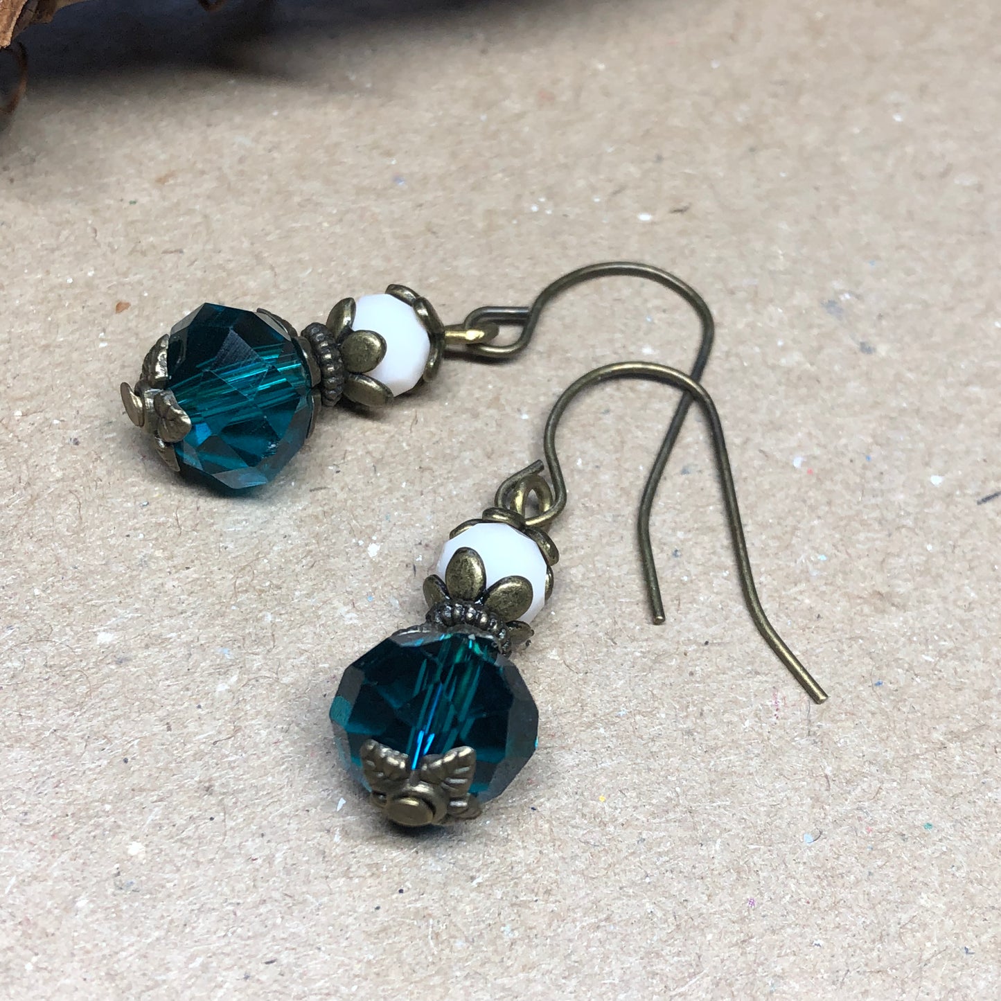 Cream and teal faceted crystal earrings