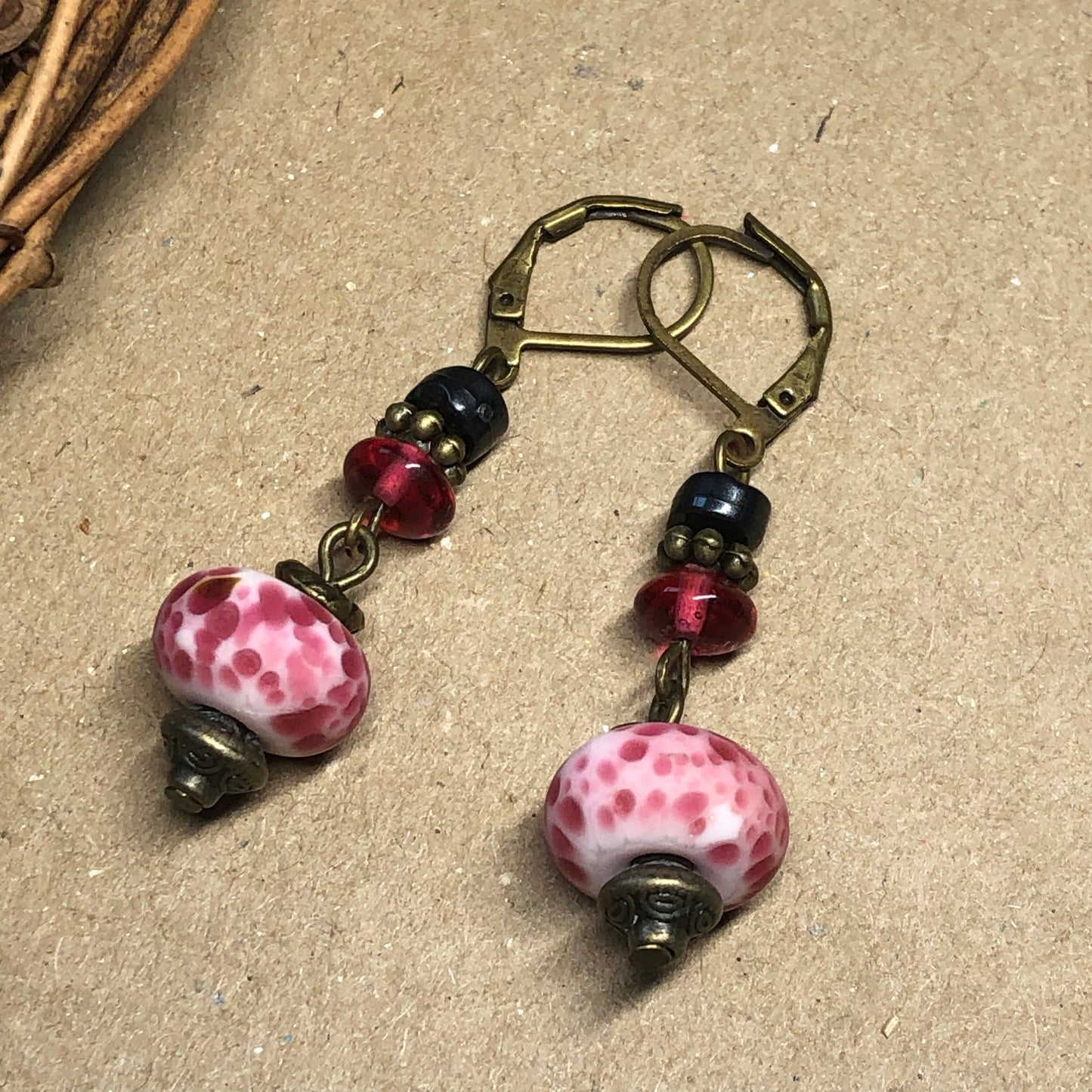 Speckled strawberry pink lampwork bead earrings