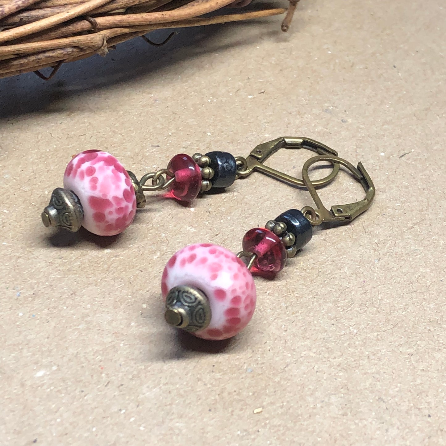 Speckled strawberry pink lampwork bead earrings