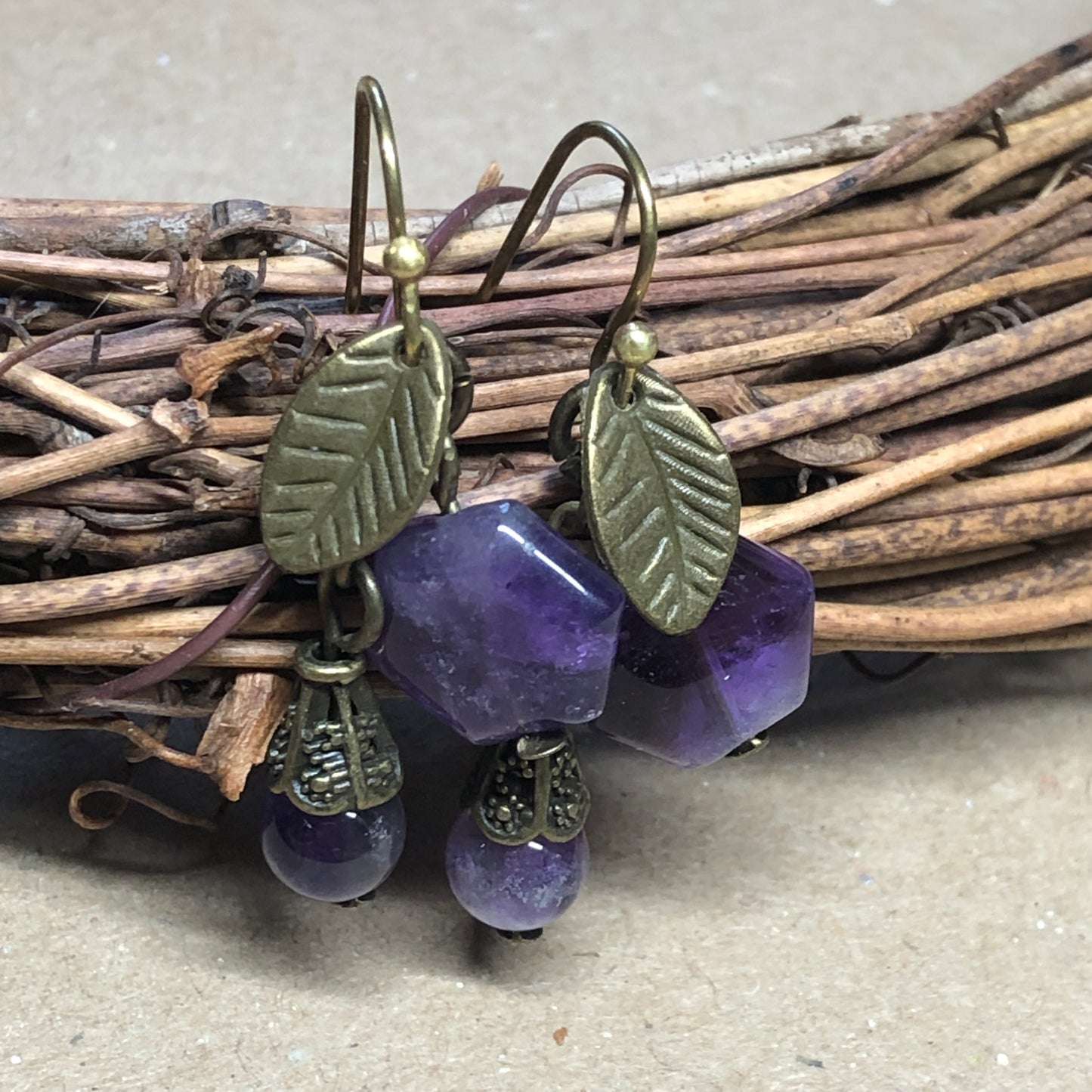 Amethyst hexagon bronze leaf earrings