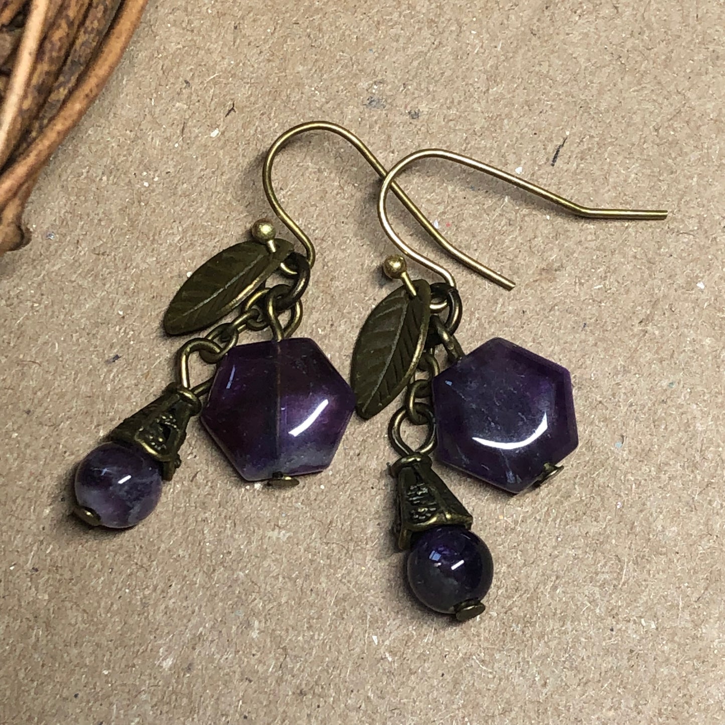 Amethyst hexagon bronze leaf earrings