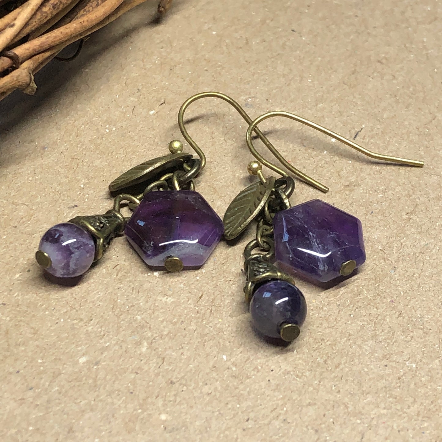 Amethyst hexagon bronze leaf earrings