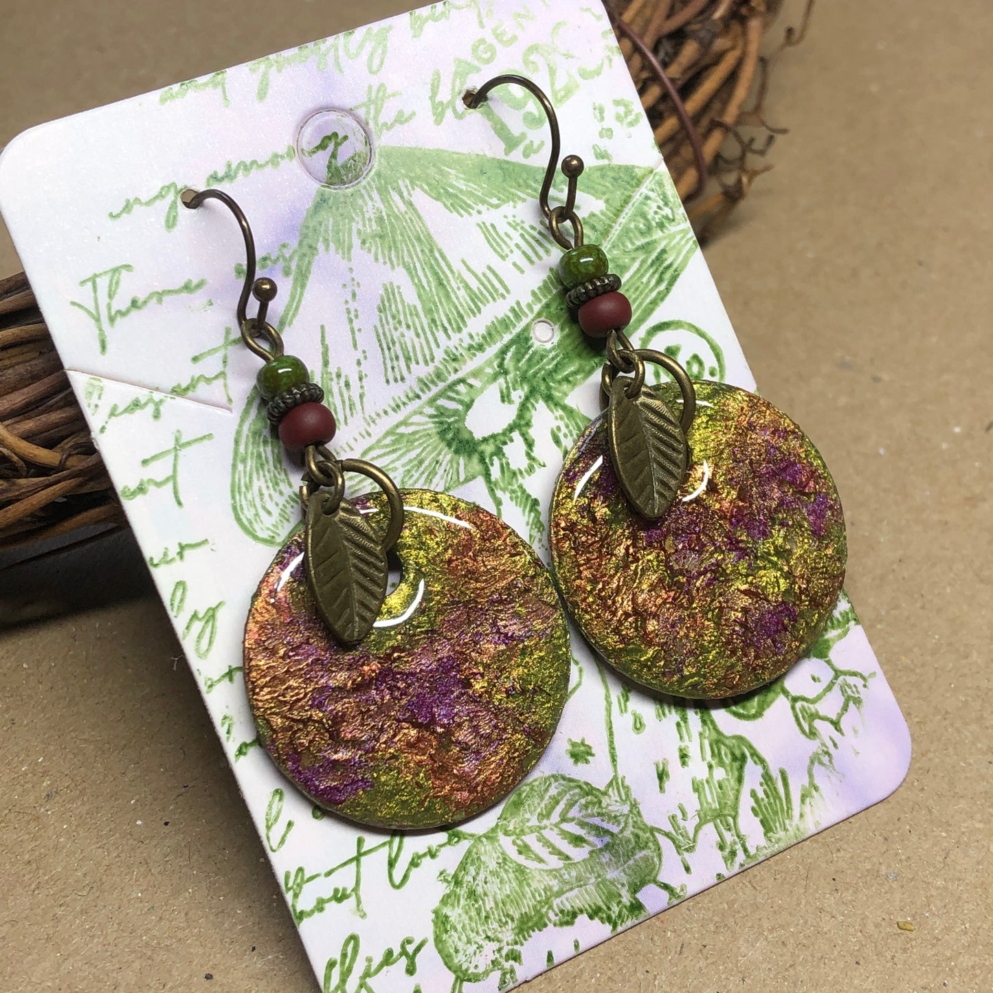 Handmade red green aluminium disc earrings