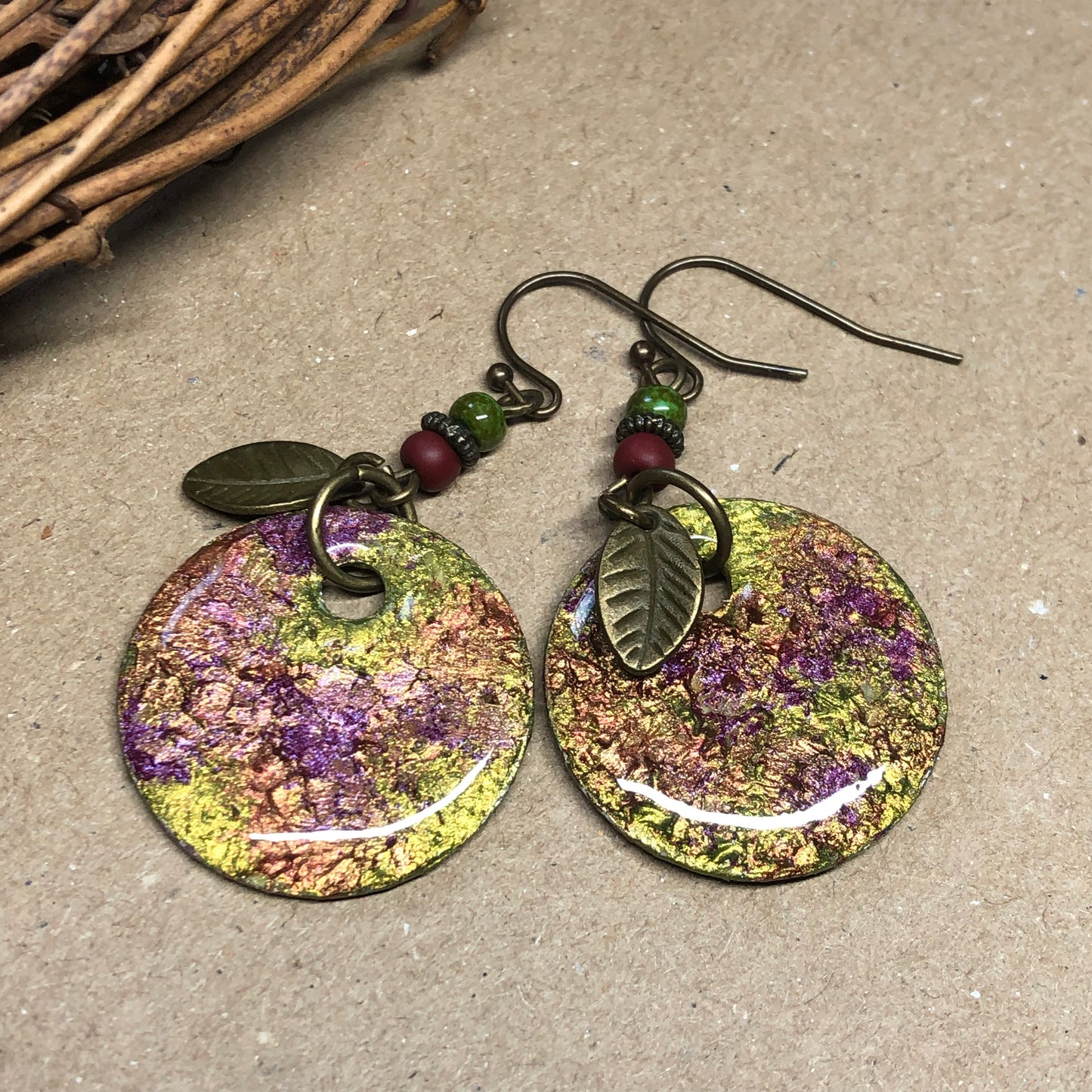 Handmade red green aluminium disc earrings