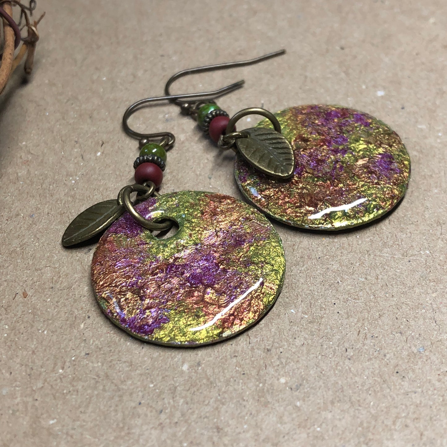 Handmade red green aluminium disc earrings