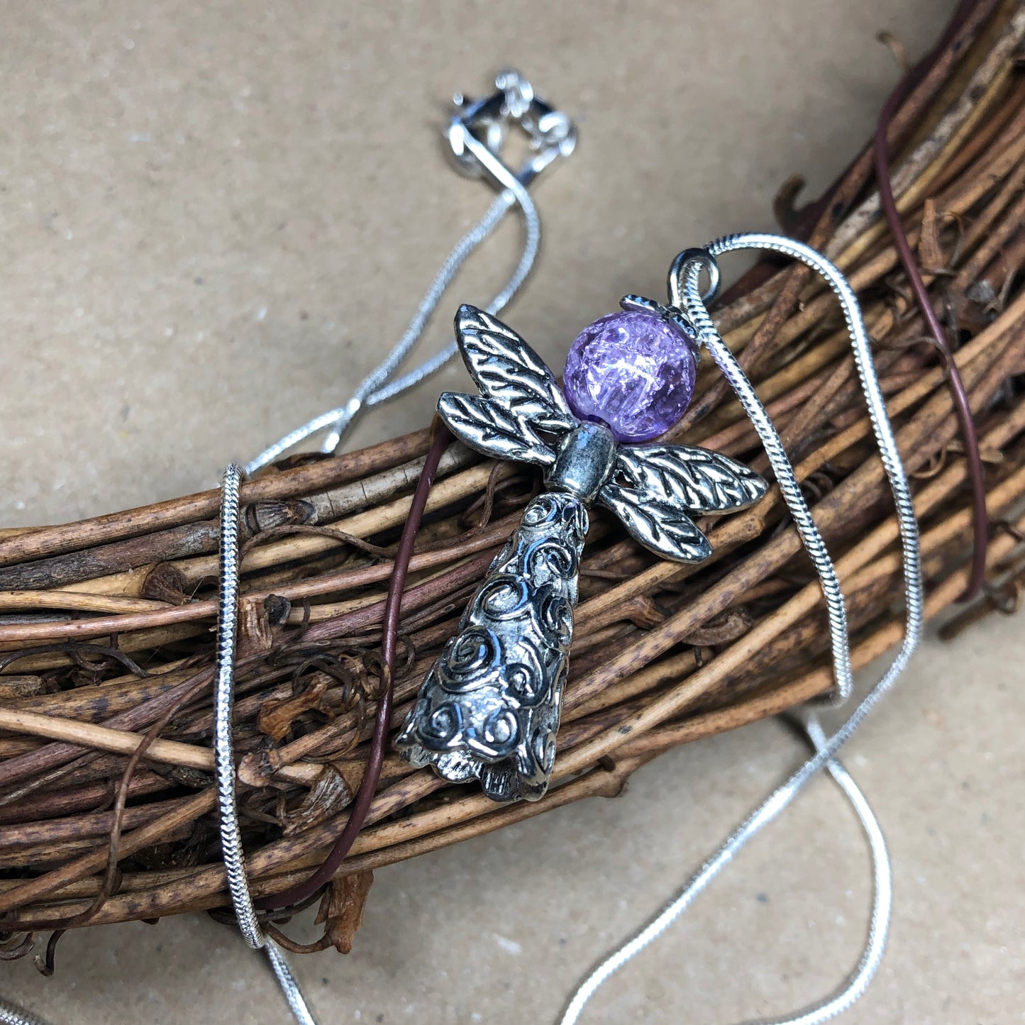 Angel and purple crackle glass silver necklace