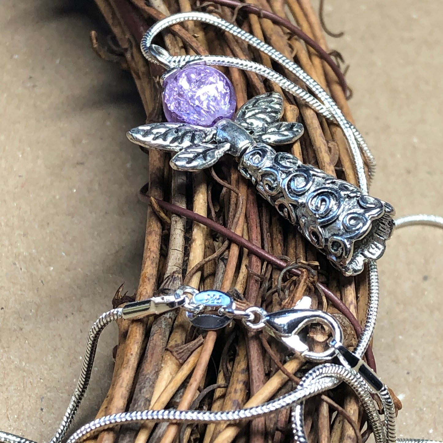 Angel and purple crackle glass silver necklace